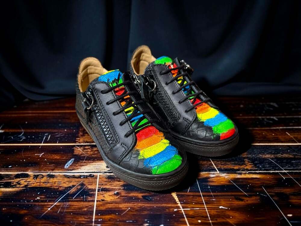 Giuseppe Zanotti Kids Size 24 Black Leather Rainbow Double-Zip Frankie Sneakers